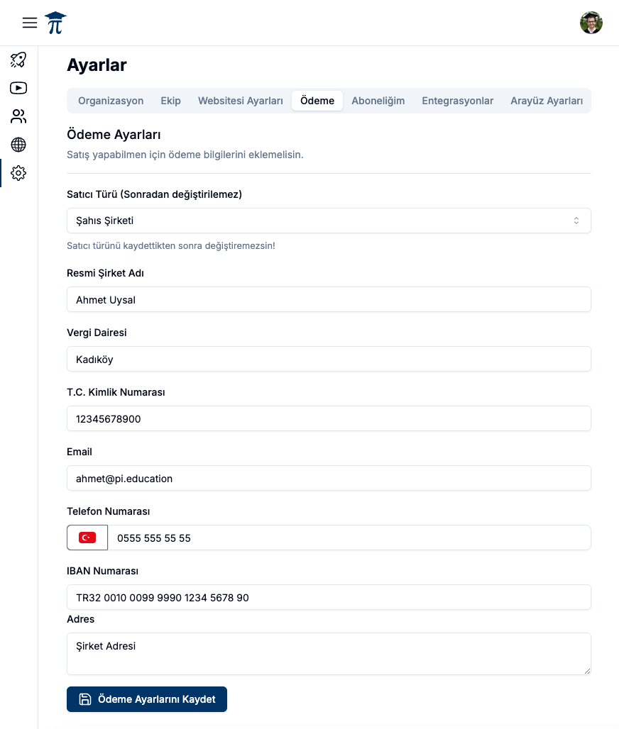 Teachfluence Ödeme Ayarları Ekranı